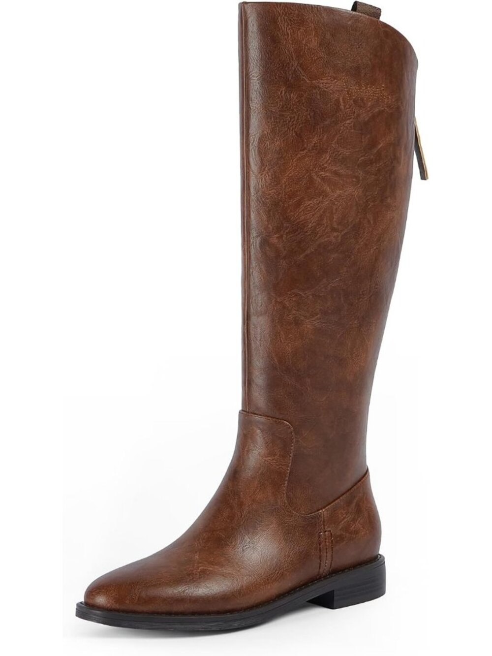 Women's Retro Brown Faux Leather Round Toe Flat Opening Low Chunky Heel Boots
